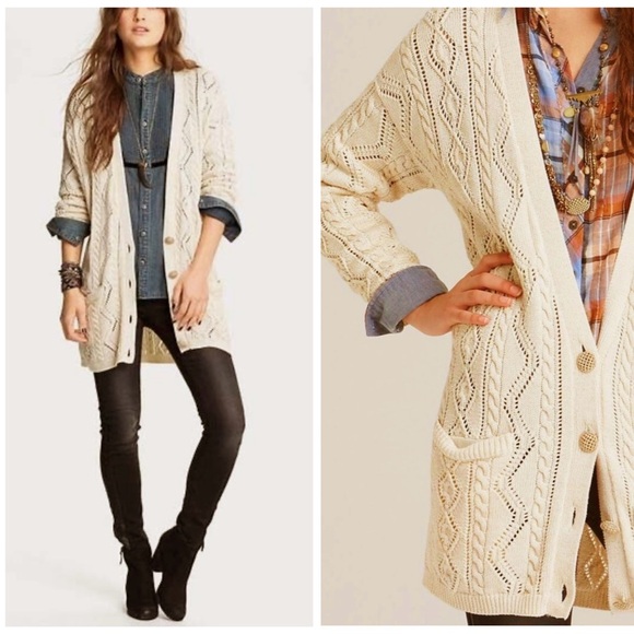 Free People Sweaters - Free People New Romantics Bang Bang Knit Gold Thread Fisherman Cardigan Size S